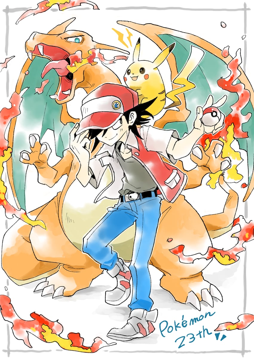 pikachu, red, and charizard (pokemon and 1 more) drawn by kumakoro_(tetsupag)
