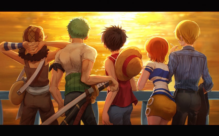 nami, monkey d. luffy, roronoa zoro, sanji, and usopp (one piece) drawn by oekakiboya