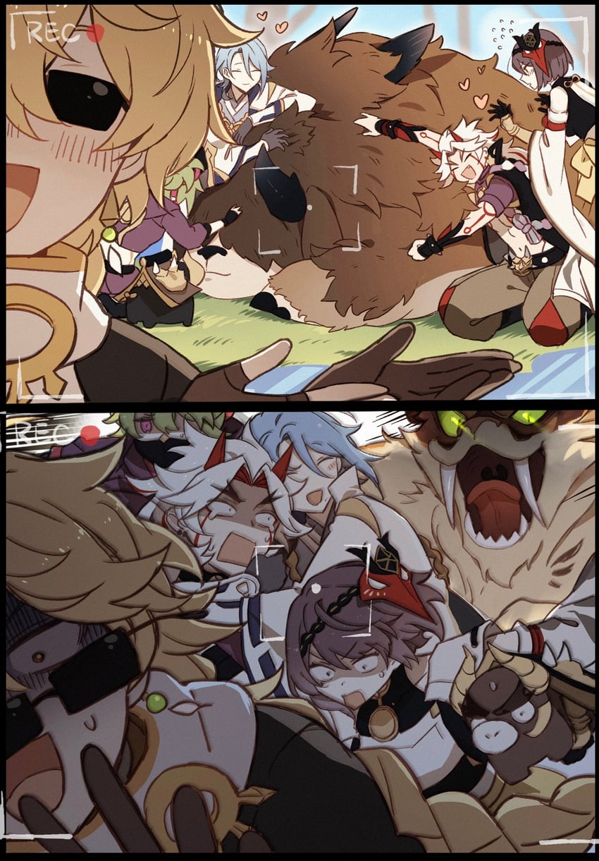 aether, kujou sara, kamisato ayato, kuki shinobu, arataki itto, and 1 more (genshin impact) drawn by kackaorz1