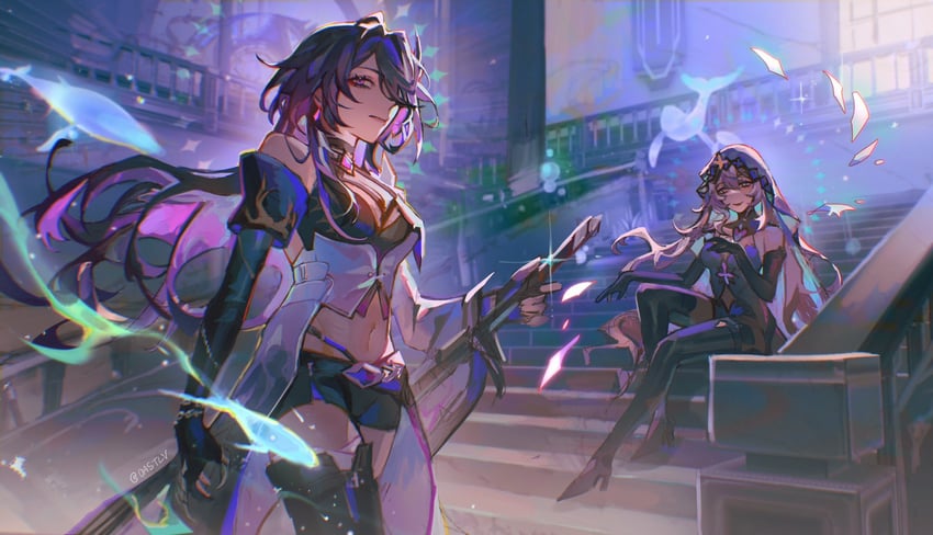 acheron and black swan (honkai and 1 more) drawn by oastlv