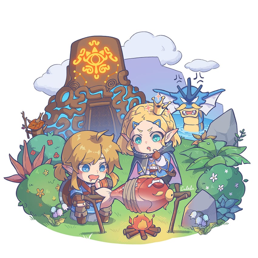 link, princess zelda, magikarp, gyarados, and korok (pokemon and 2 more) drawn by zoe_(killyou80)