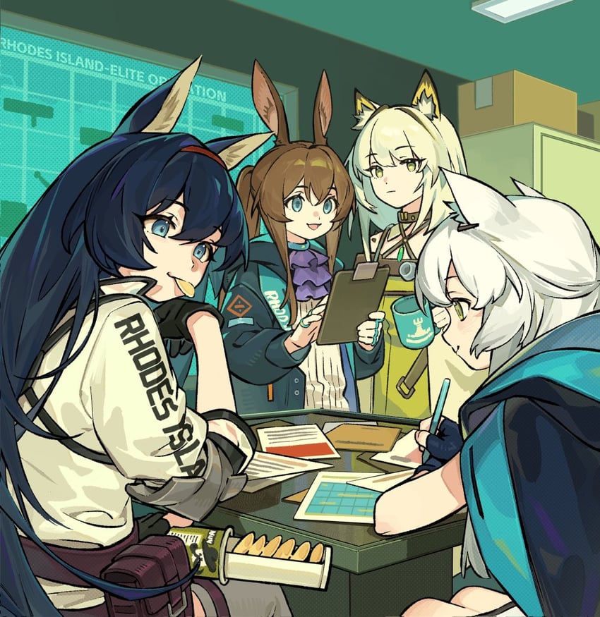 amiya, kal'tsit, rosmontis, and blaze (arknights) drawn by favilia