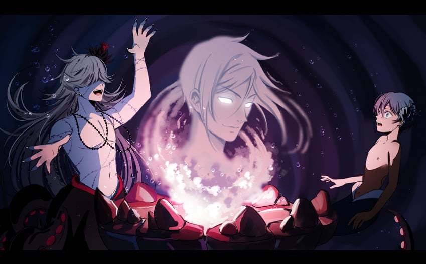 ciel phantomhive, sebastian michaelis, ariel, ursula, and undertaker (kuroshitsuji and 1 more) drawn by uneasywolf