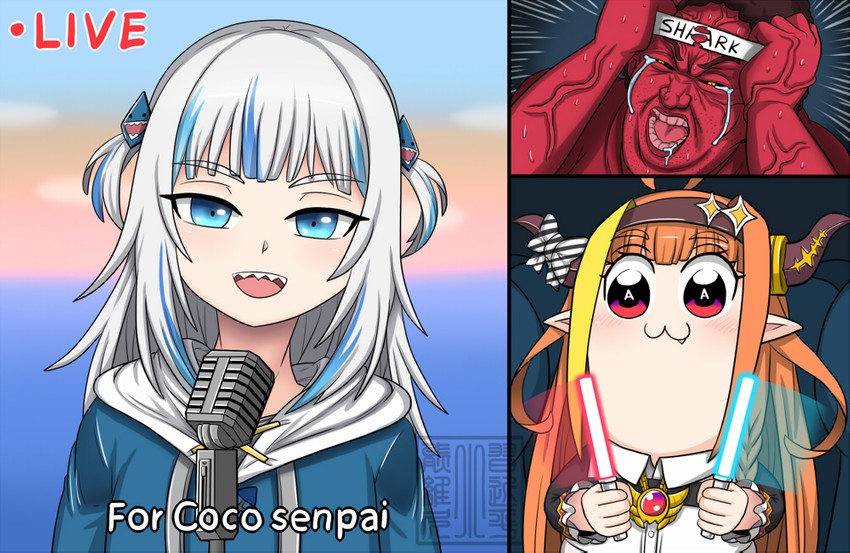 gawr gura, kiryu coco, and angry bilibili shill (hololive and 2 more) drawn by dr._bug