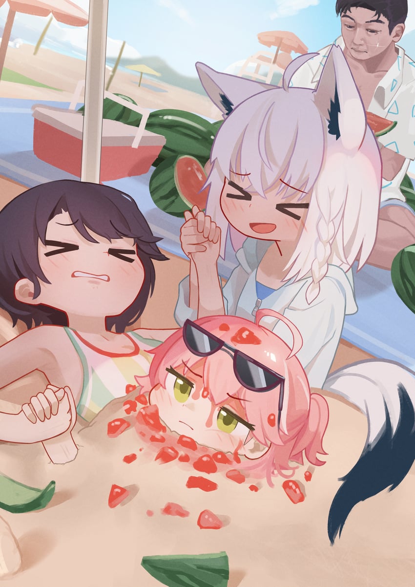 shirakami fubuki, sakura miko, oozora subaru, and yagoo (hololive) drawn by nanachides