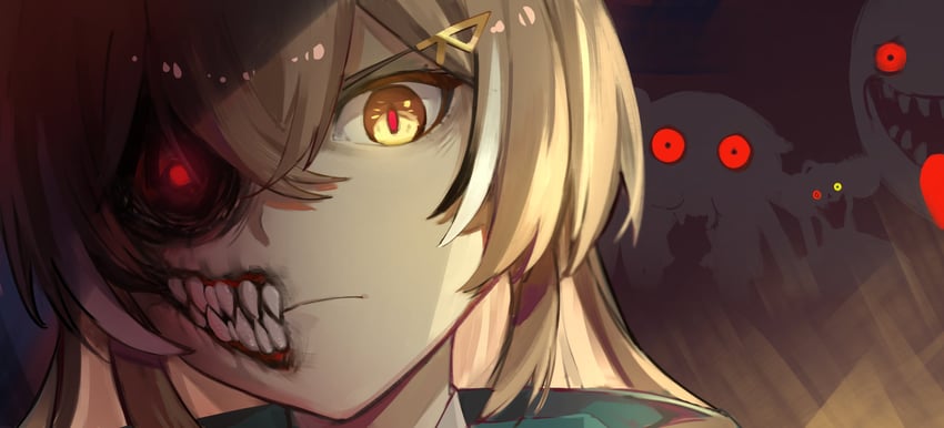 nanashi mumei, akai haato, kureiji ollie, nightmare, nanashi mumei's horror painting, and 1 more (hololive and 2 more) drawn by rakku_(rkrmz0n)
