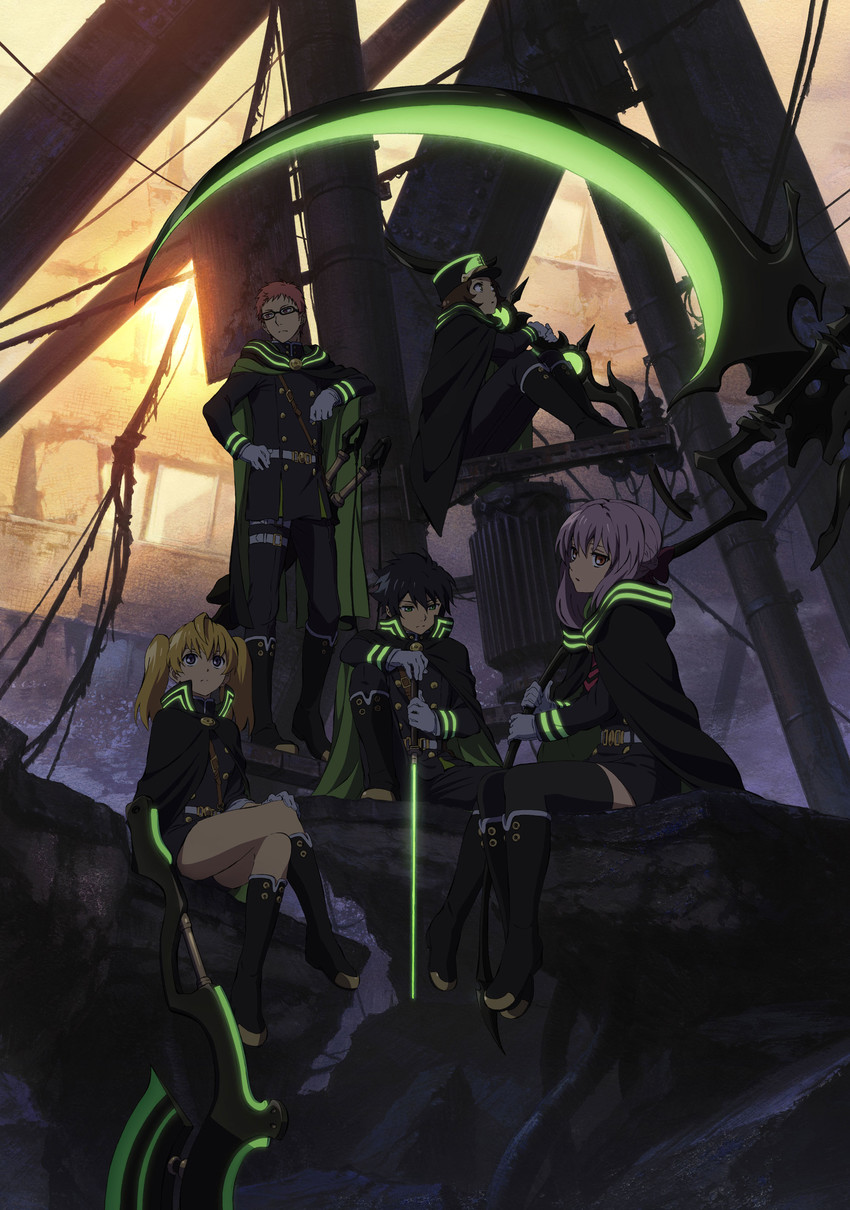 hiiragi shinoa, hyakuya yuuichirou, sanguu mitsuba, saotome yoichi, and kimizuki shihou (owari no seraph) drawn by kadowaki_satoshi