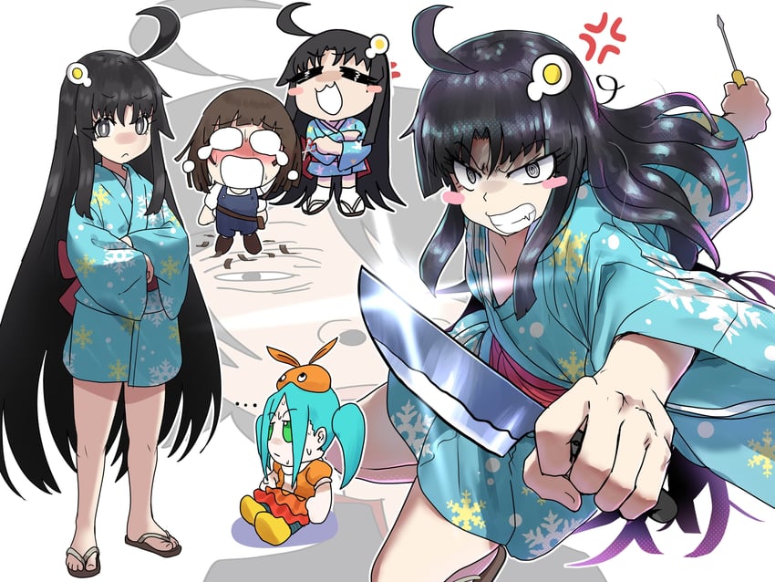 sengoku nadeko, araragi koyomi, ononoki yotsugi, and araragi tsukihi (monogatari) drawn by ebora