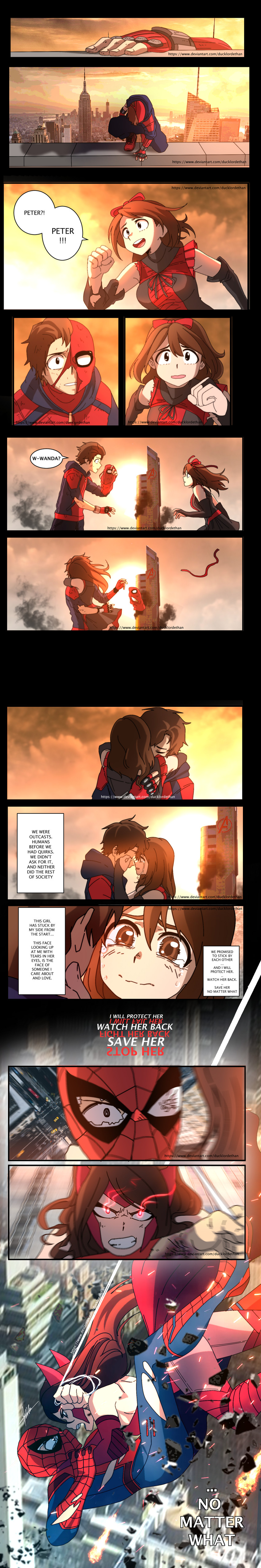 midoriya izuku, uraraka ochaco, spider-man, and scarlet witch (boku no hero academia and 3 more) drawn by ducklordethan