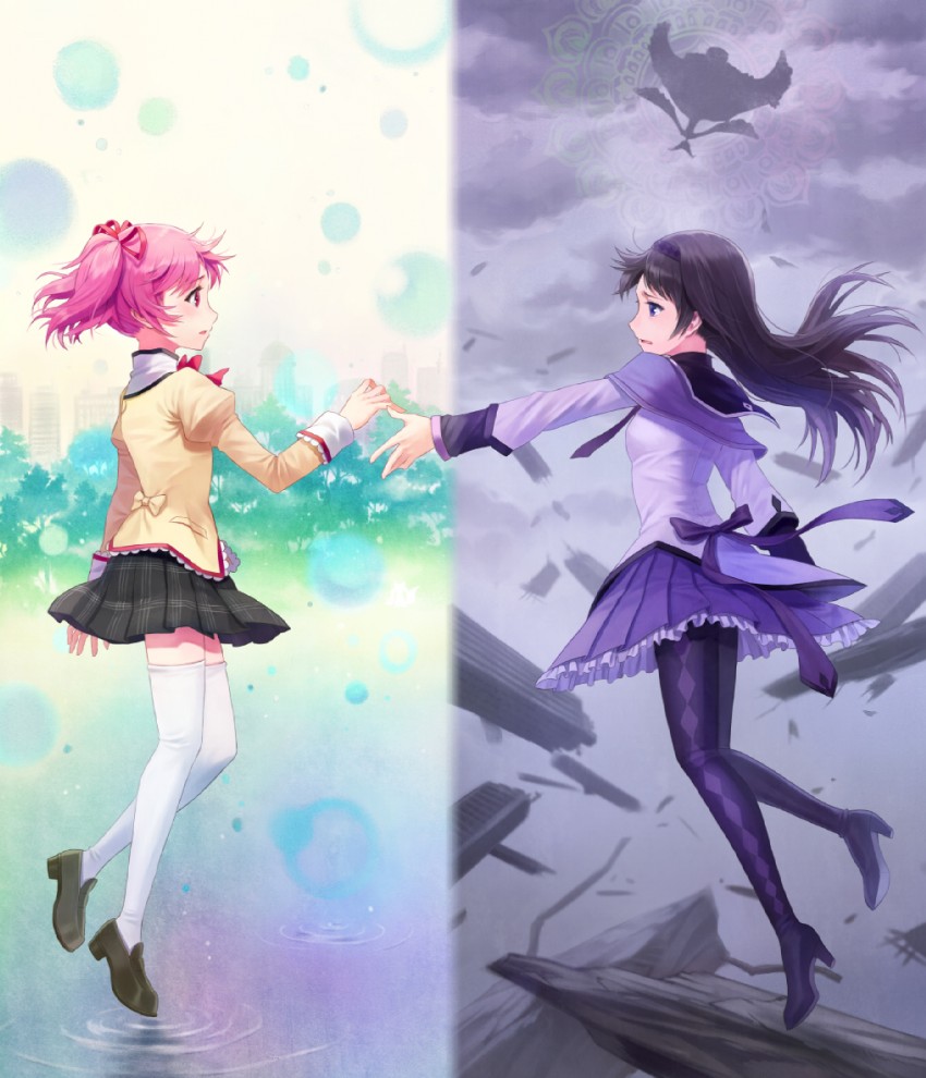 akemi homura, kaname madoka, and walpurgisnacht (mahou shoujo madoka magica) drawn by endos