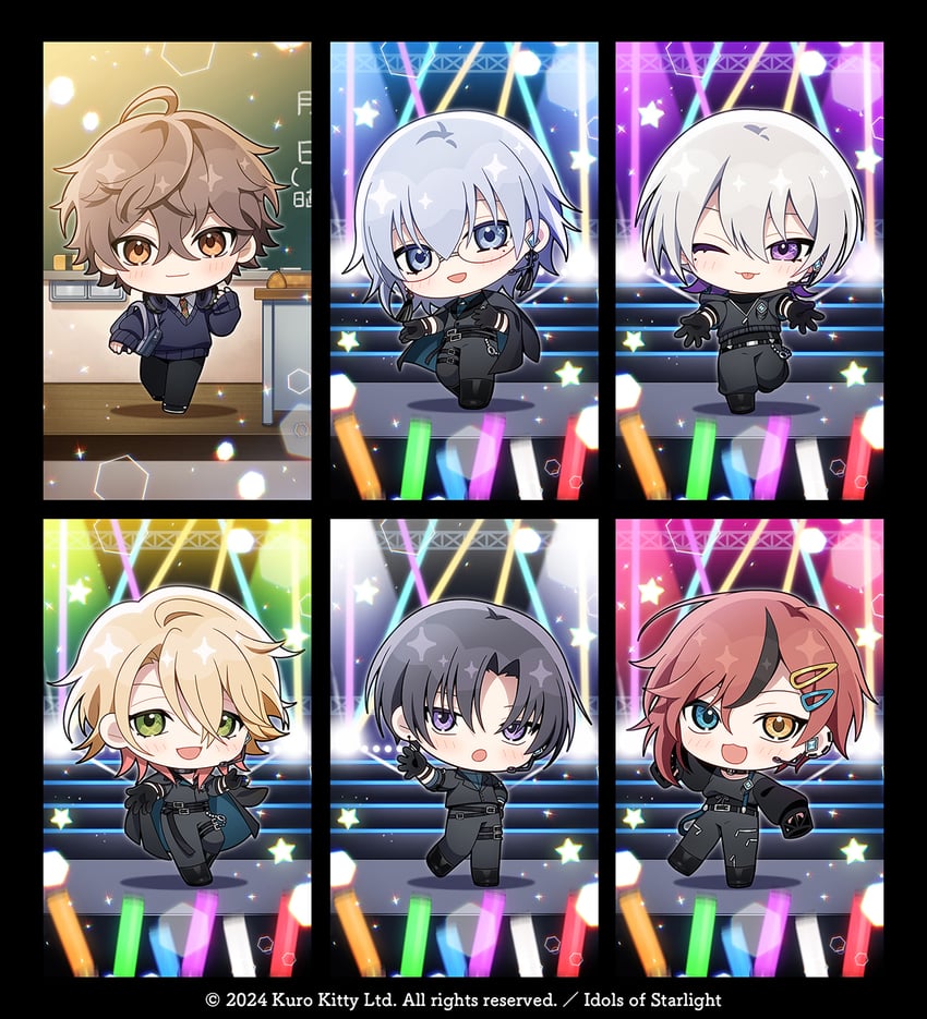 akatsuka rian, kirishima hikaru, uzuki noah, ikouga shuu, kinase finn, and 1 more (idols of starlight) drawn by shinoda_mame