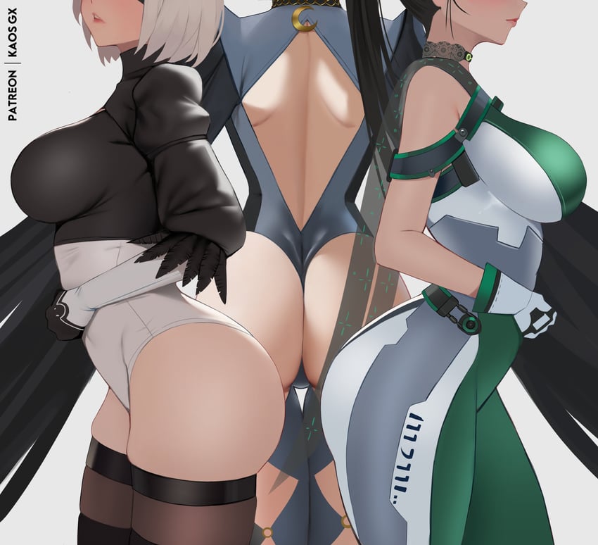 2b, bayonetta, and eve (nier and 4 more) drawn by kaos_art
