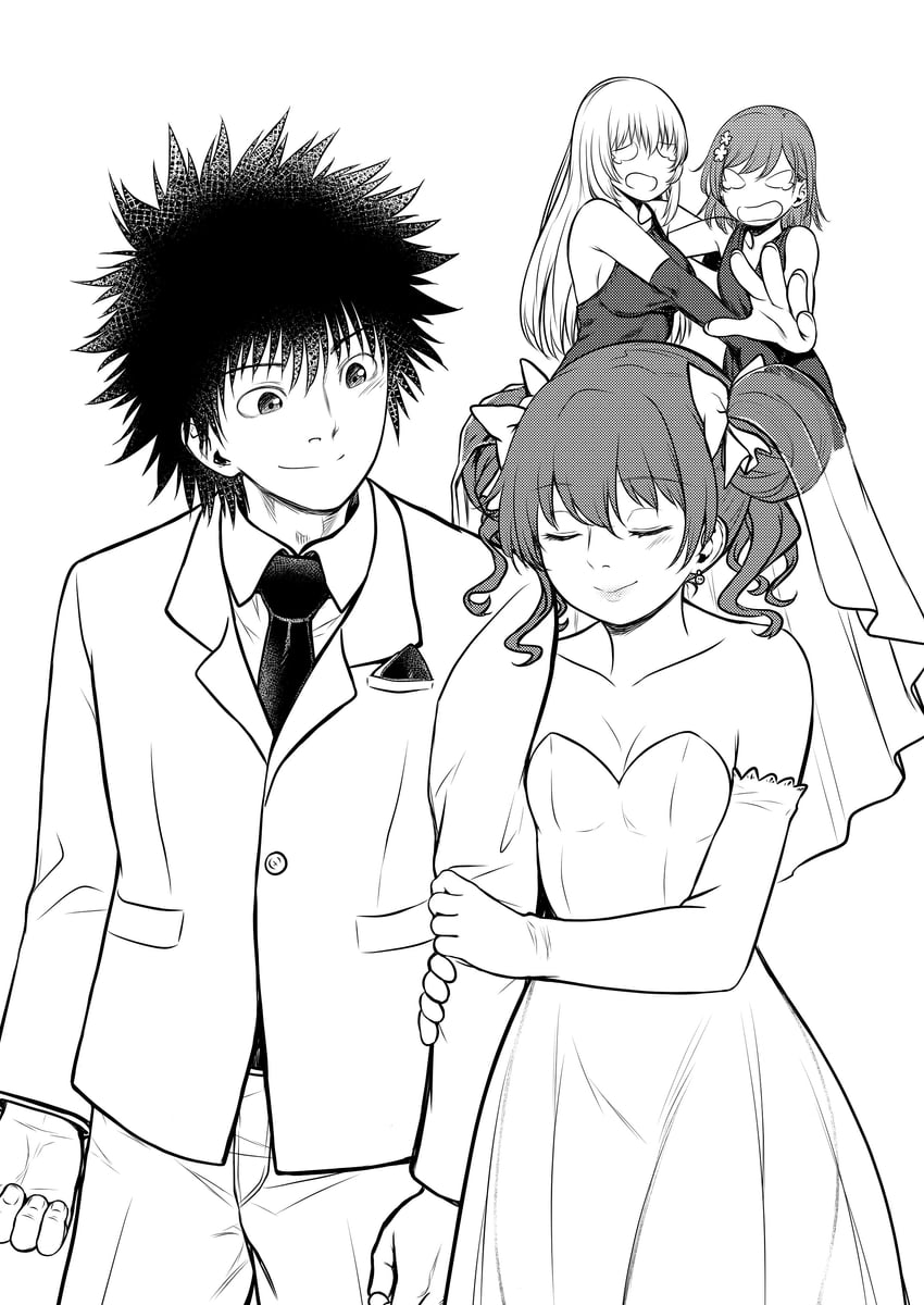 misaka mikoto, shirai kuroko, shokuhou misaki, and kamijou touma (toaru majutsu no index and 1 more) drawn by anoni-chan
