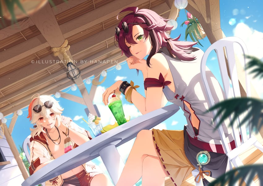 kaedehara kazuha and shikanoin heizou (genshin impact) drawn by hanapen