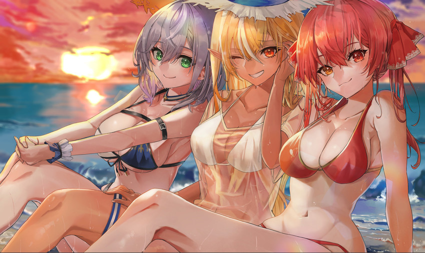 houshou marine, shirogane noel, and shiranui flare (hololive) drawn by sanada_keisui