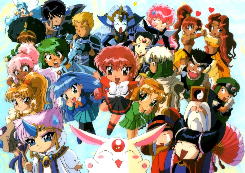 shidou hikaru, ryuuzaki umi, hououji fuu, mokona, ascot, and 18 more (magic knight rayearth)