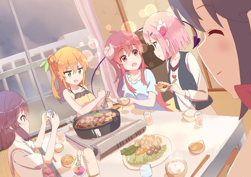 yoshida yuuko, chiyoda momo, lilith, hinatsuki mikan, yoshida ryouko, and 1 more (machikado mazoku) drawn by kaai_yuu