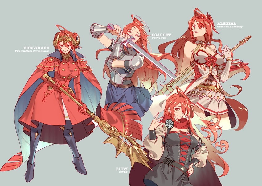 edelgard von hresvelg, ruby rose, elizabeth rose bloodflame, erza scarlet, and godsworn alexiel (hololive and 6 more) drawn by lynnear