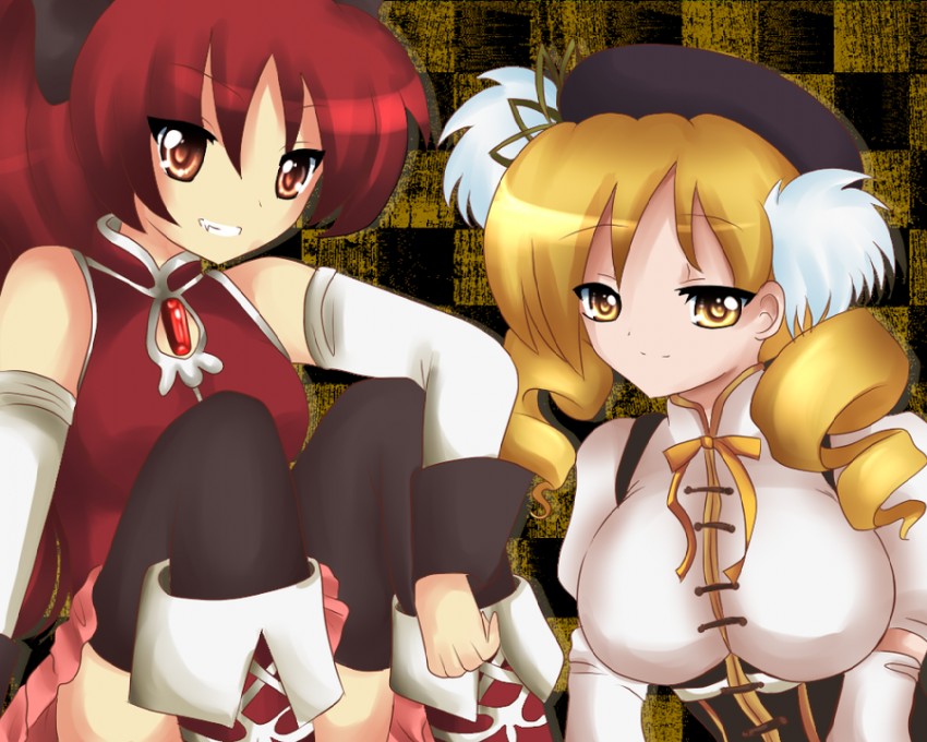sakura kyoko and tomoe mami (mahou shoujo madoka magica) drawn by werq1996
