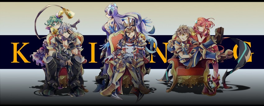pyra, rex, morag ladair, brighid, pandoria, and 1 more (xenoblade chronicles and 1 more) drawn by hikouki_(umiko003)