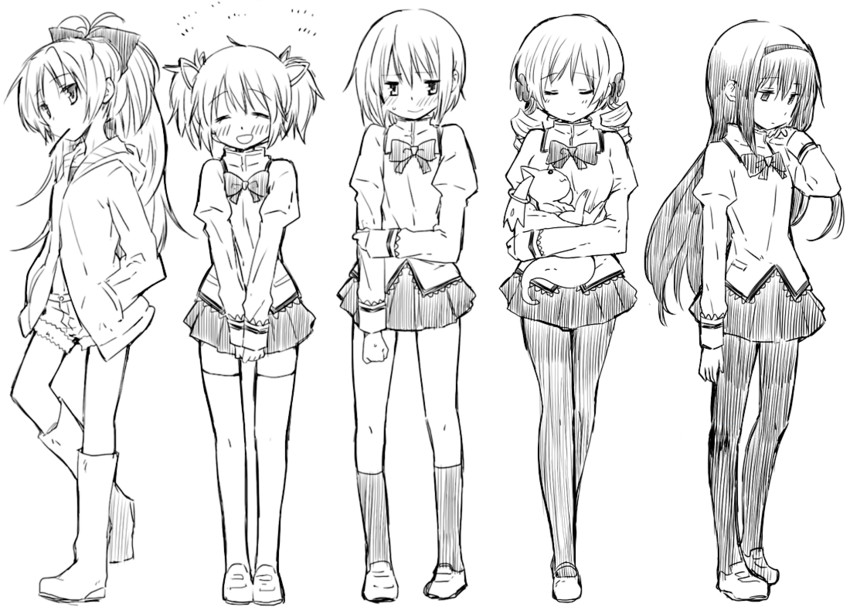 akemi homura, kaname madoka, miki sayaka, sakura kyoko, tomoe mami, and 1 more (mahou shoujo madoka magica) drawn by myama