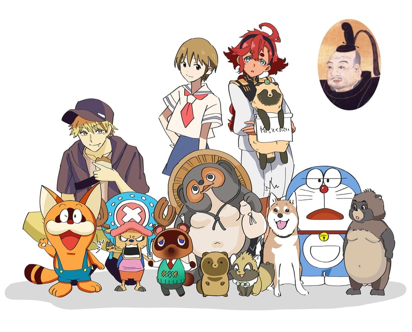 suletta mercury, tony tony chopper, doraemon, tanuki, tom nook, and 6 more (gundam and 12 more) drawn by gamigami_maou_(artist)