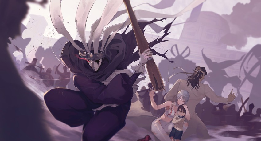shirogane, katou narumi, saiga masaru, and harlequin (karakuri circus) drawn by gen_(bividgen)