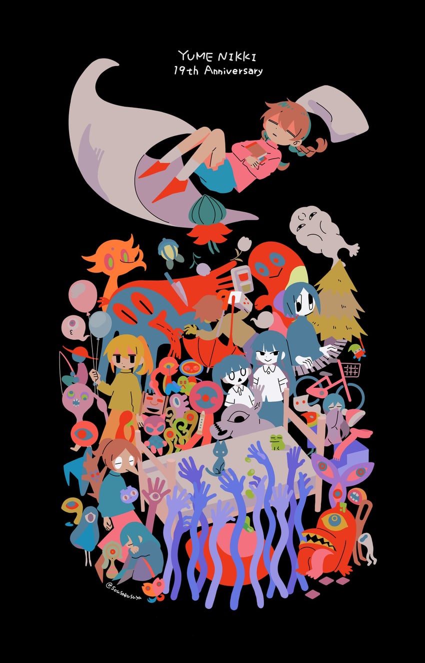 madotsuki, poniko, monoko, monoe, sekomumasada sensei, and 11 more (yume nikki) drawn by suyazzz_(soyoyon)
