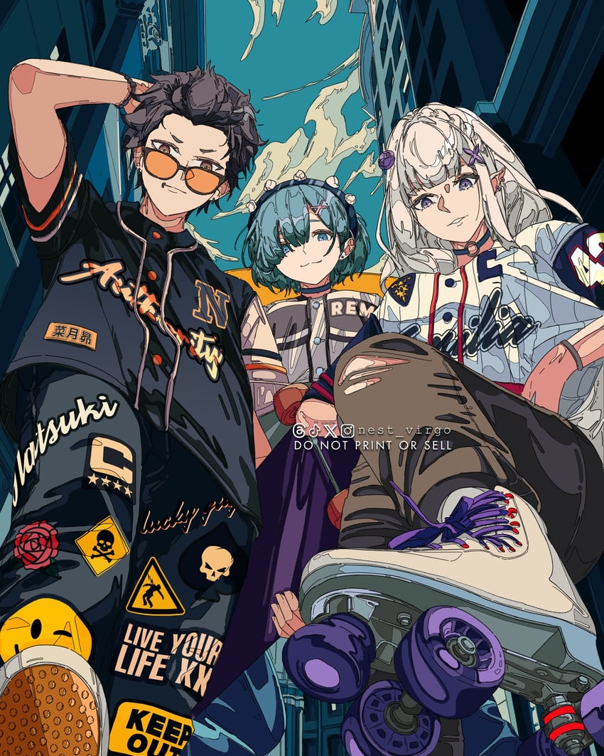 rem, emilia, and natsuki subaru (re:zero kara hajimeru isekai seikatsu) drawn by nest_virgo