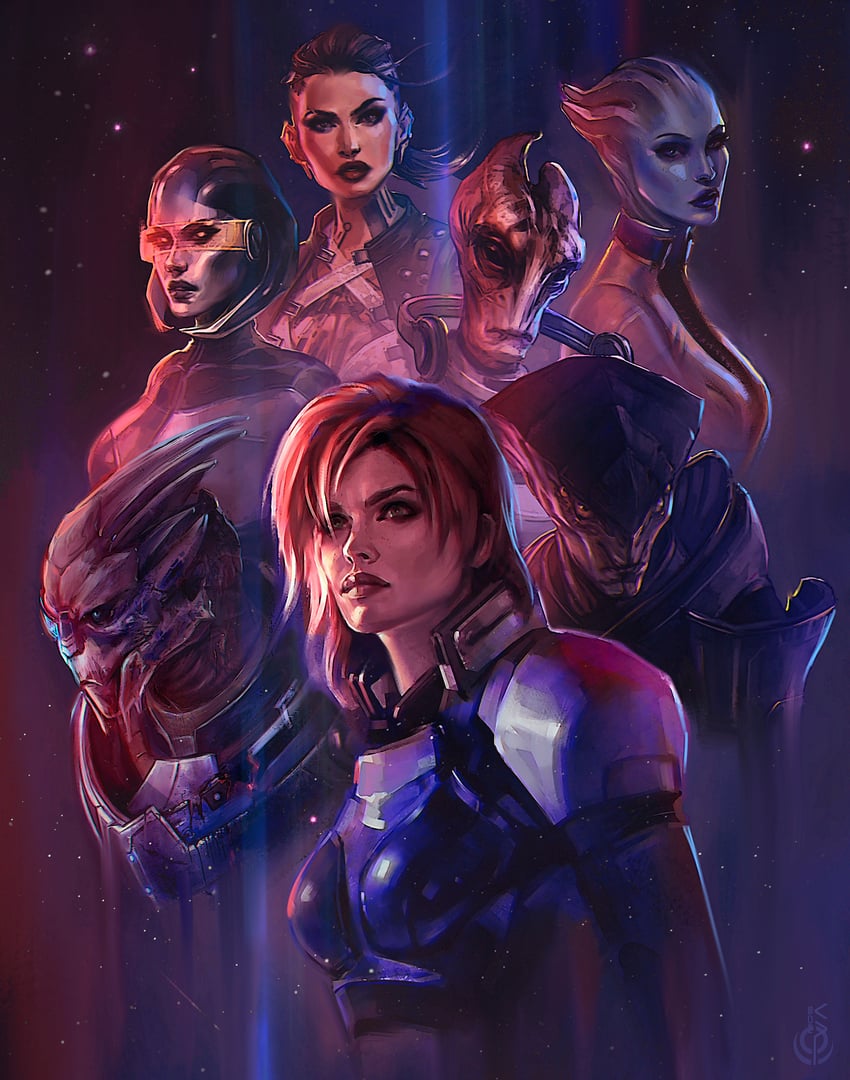 commander shepard, liara t'soni, garrus vakarian, edi, mordin solus, and 2 more (mass effect and 1 more) drawn by eva_kosmos