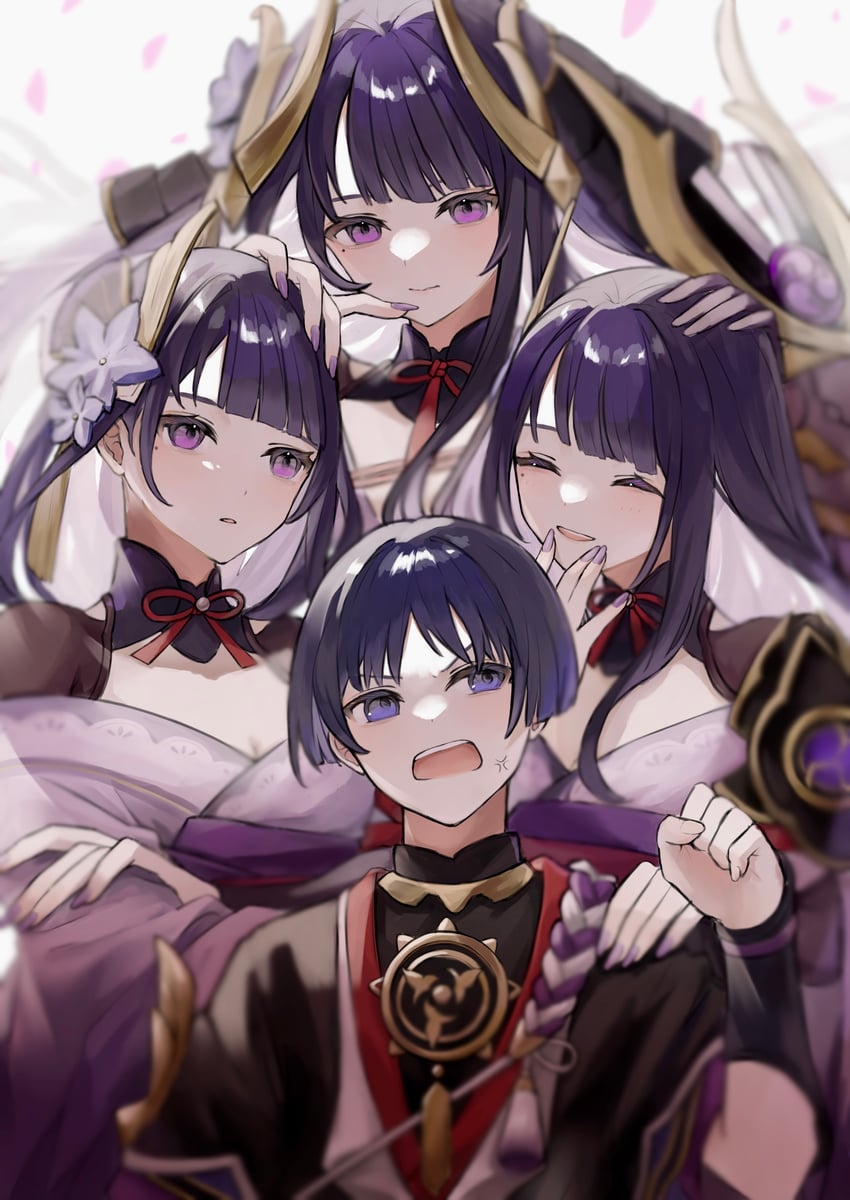 raiden shogun, scaramouche, and makoto (genshin impact) drawn by azuki_nako