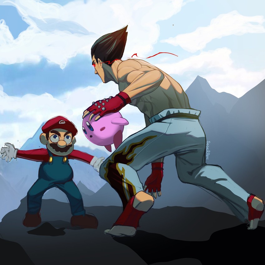 kirby, mario, and mishima kazuya (mario and 3 more) drawn by soberpen