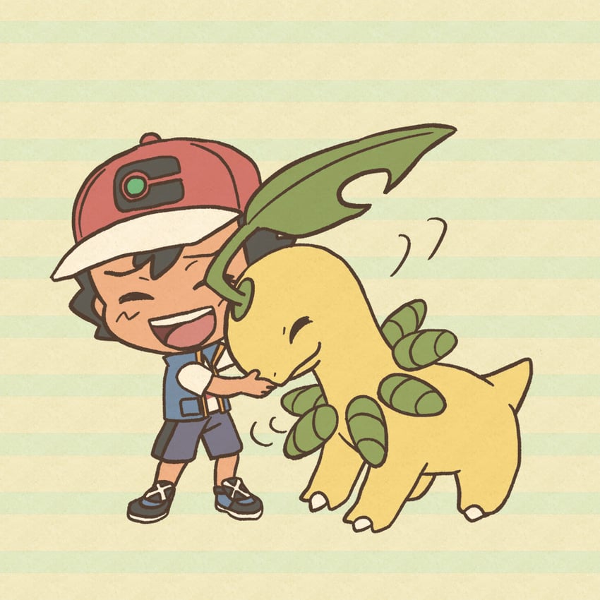 ash ketchum and bayleef (pokemon and 1 more) drawn by mojacookie