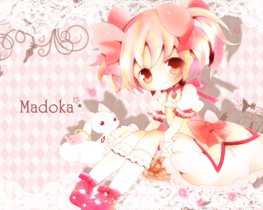 kaname madoka and kyubey (mahou shoujo madoka magica) drawn by haru_(citron_citron)