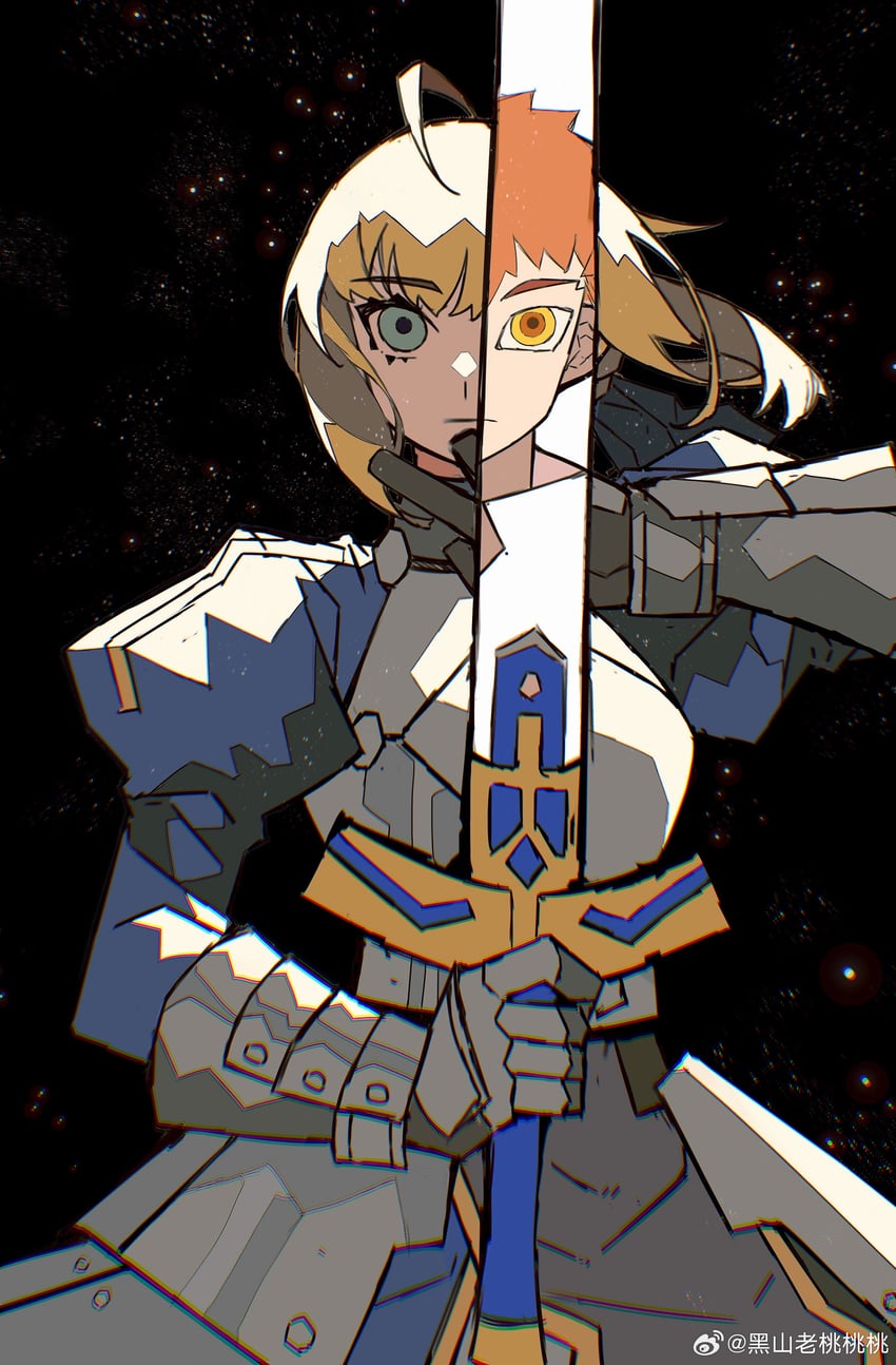 artoria pendragon, saber, and emiya shirou (fate and 1 more) drawn by momo_007