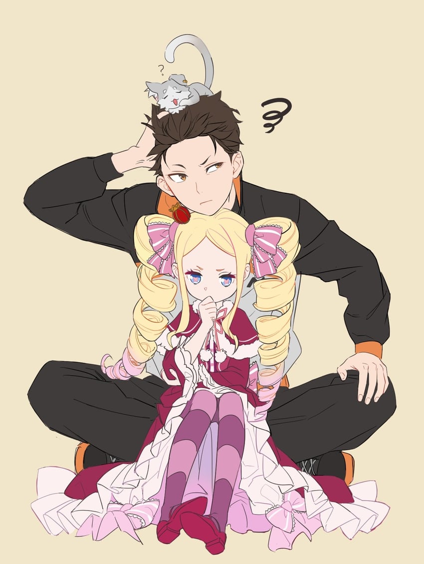 natsuki subaru, beatrice, and puck (re:zero kara hajimeru isekai seikatsu) drawn by fndlwm_re