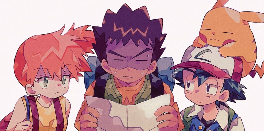 pikachu, ash ketchum, misty, and brock (pokemon) drawn by mgomurainu