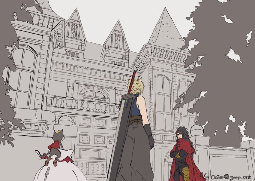 cloud strife, moogle, vincent valentine, and cait sith (final fantasy and 3 more) drawn by pulupulupoodle