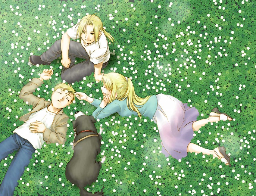 edward elric, alphonse elric, winry rockbell, and den (fullmetal alchemist) drawn by nenone_miya