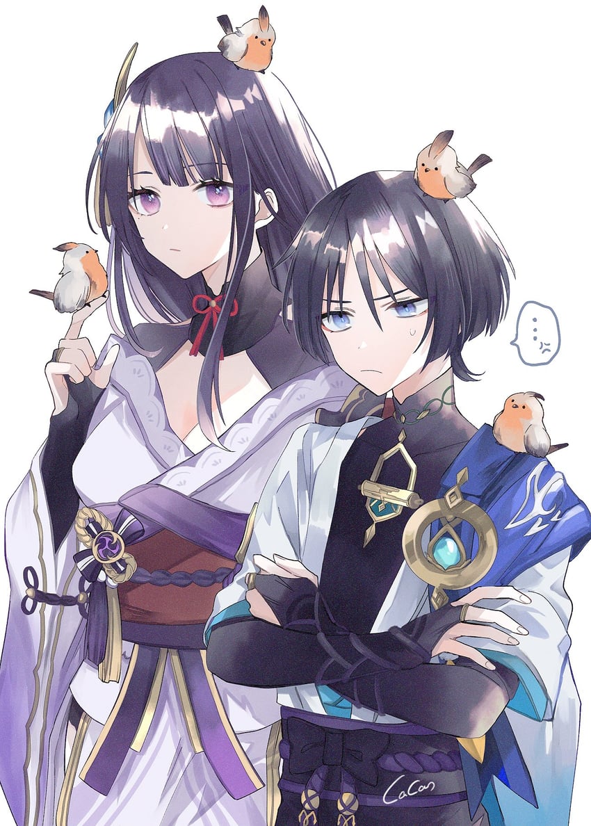 raiden shogun, scaramouche, and wanderer (genshin impact) drawn by cacao_(chocotto)