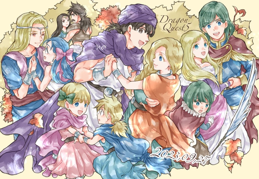 bianca, hero, hero's daughter, hero's son, henry, and 5 more (dragon quest and 1 more) drawn by isa_(chiyo-s)