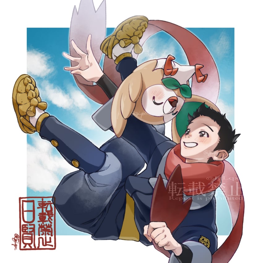 rowlet and rei (pokemon and 1 more) drawn by hiken_(jglqx)