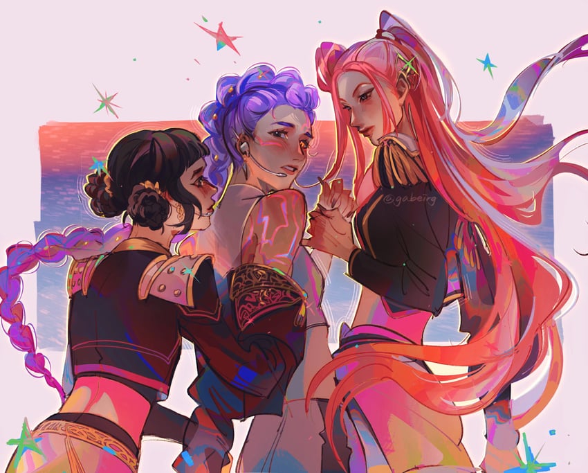 rumi, zoey, and mira (kpop demon hunters) drawn by gabe_(gabeirg)