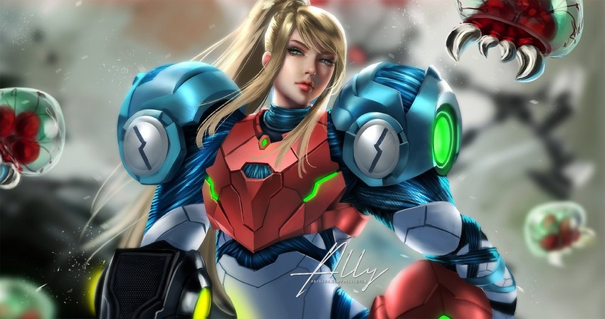samus aran, metroid, and metroid larva (metroid and 1 more) drawn by allyloren