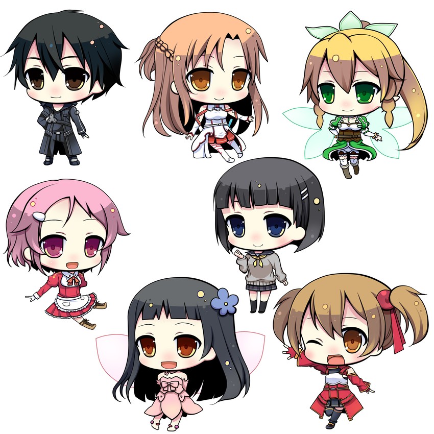 asuna, kirito, kirigaya suguha, leafa, silica, and 2 more (sword art online) drawn by swami