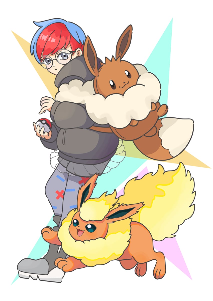eevee, flareon, and penny (pokemon and 1 more) drawn by tsujii_(2jii_all70)