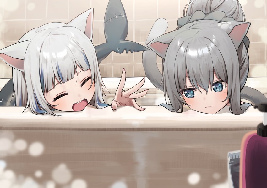 gawr gura and nachoneko (hololive and 2 more) drawn by syhan