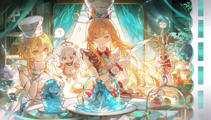 lumine, furina, paimon, and escoffier (genshin impact) drawn by iron_hailai