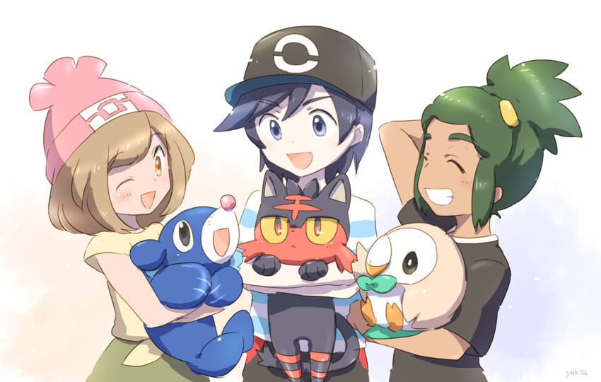 selene, rowlet, elio, popplio, hau, and 1 more (pokemon and 1 more) drawn by yuki56