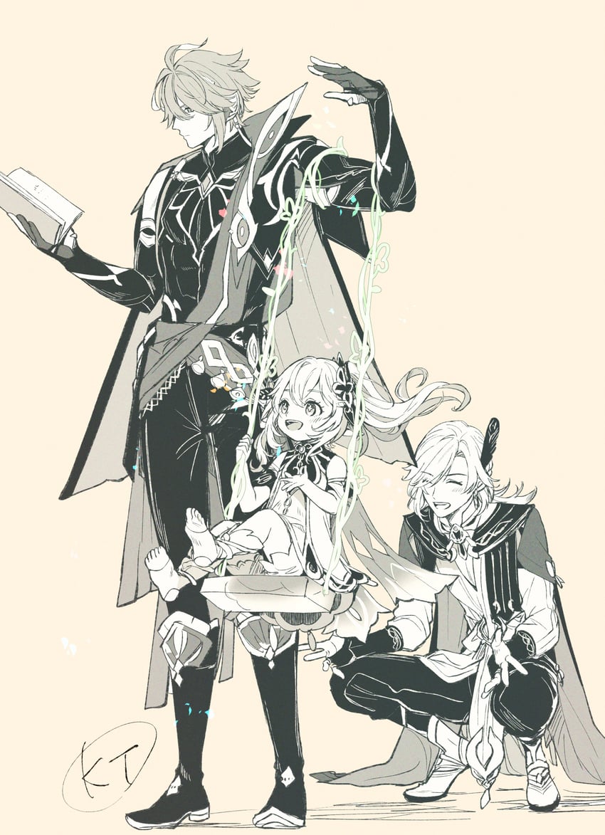 nahida, alhaitham, and kaveh (genshin impact) drawn by tanuki_nishi